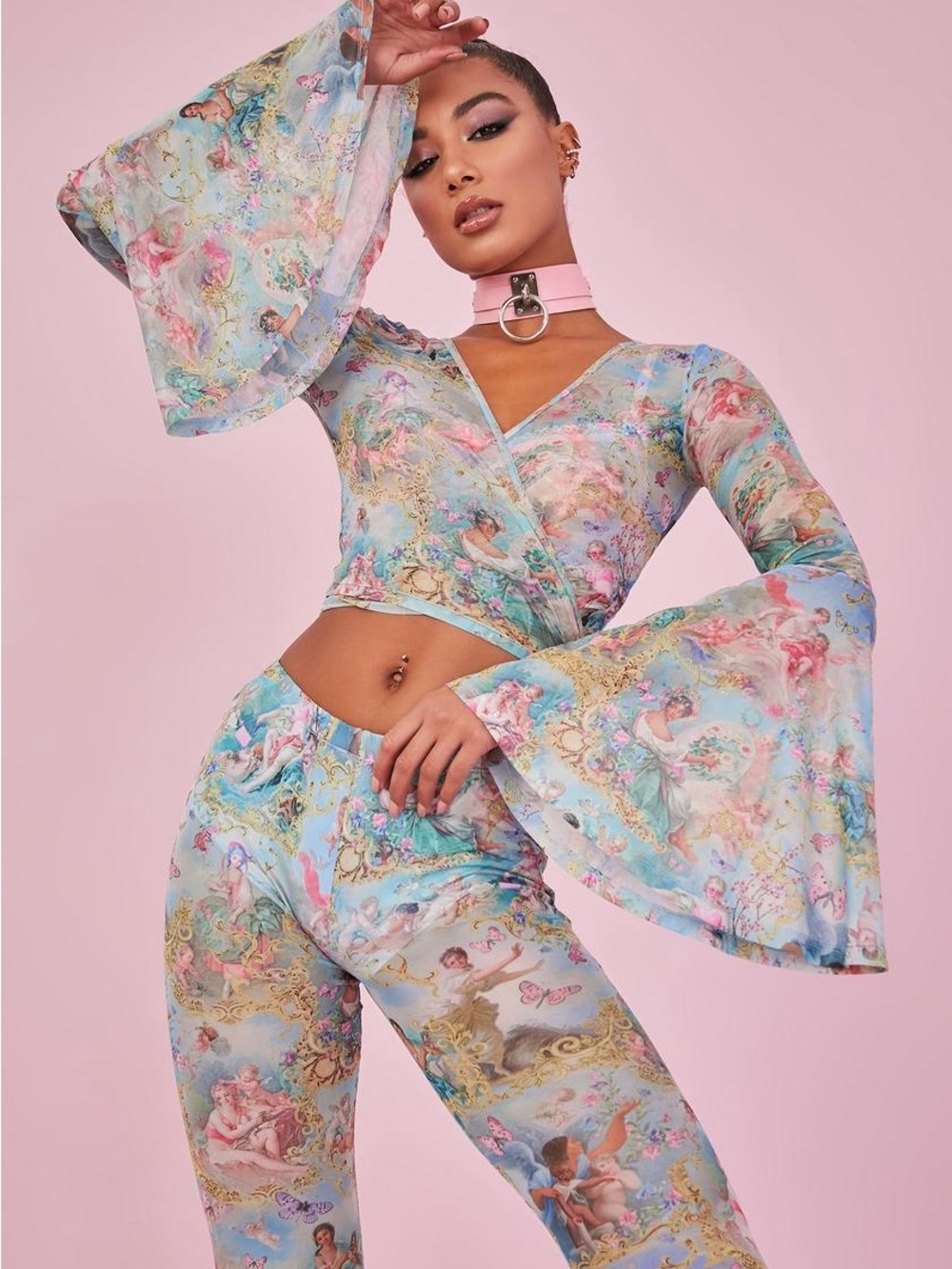 Sugar Thrillz Pastel Angel Print Wrap Top in Light Blue and Pink